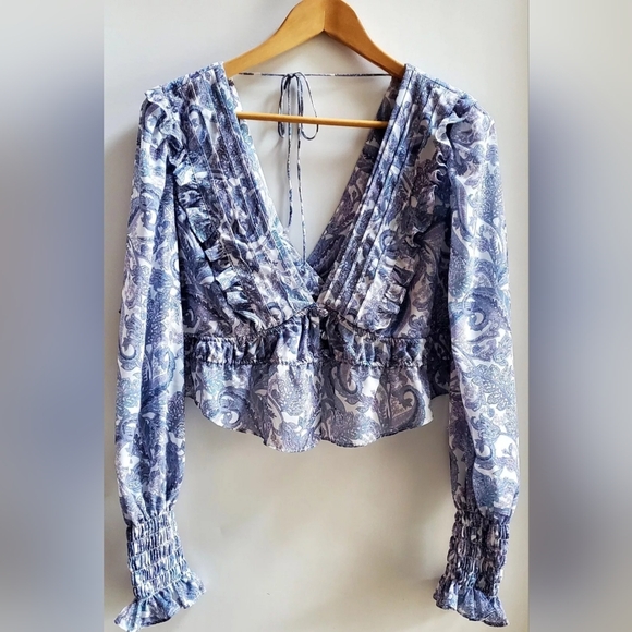 For Love & Lemons Blouse Crop Top Janelle Boho Ruffle V-Neck CT-1770 Blu/Wht/Prp - Picture 5 of 12